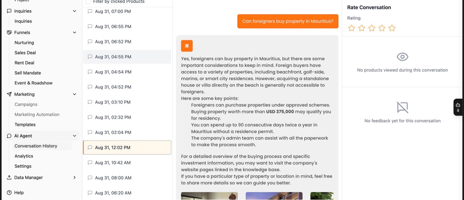 Max AI conversation history in LeadsCloser: a website visitor asking whether foreigners can buy property in Mauritius, with a rating panel