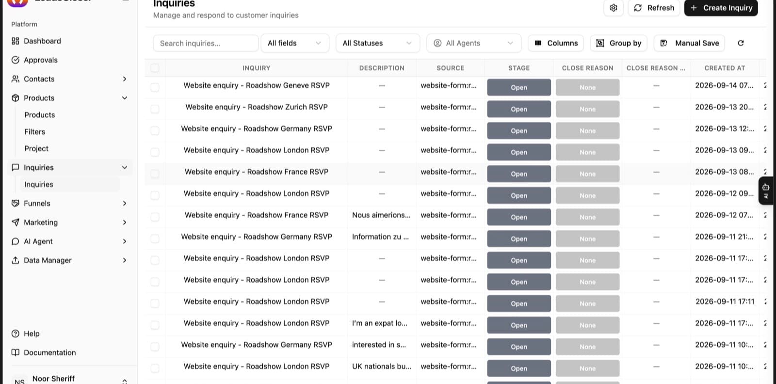 LeadsCloser Inquiries list with source, stage and close reason columns