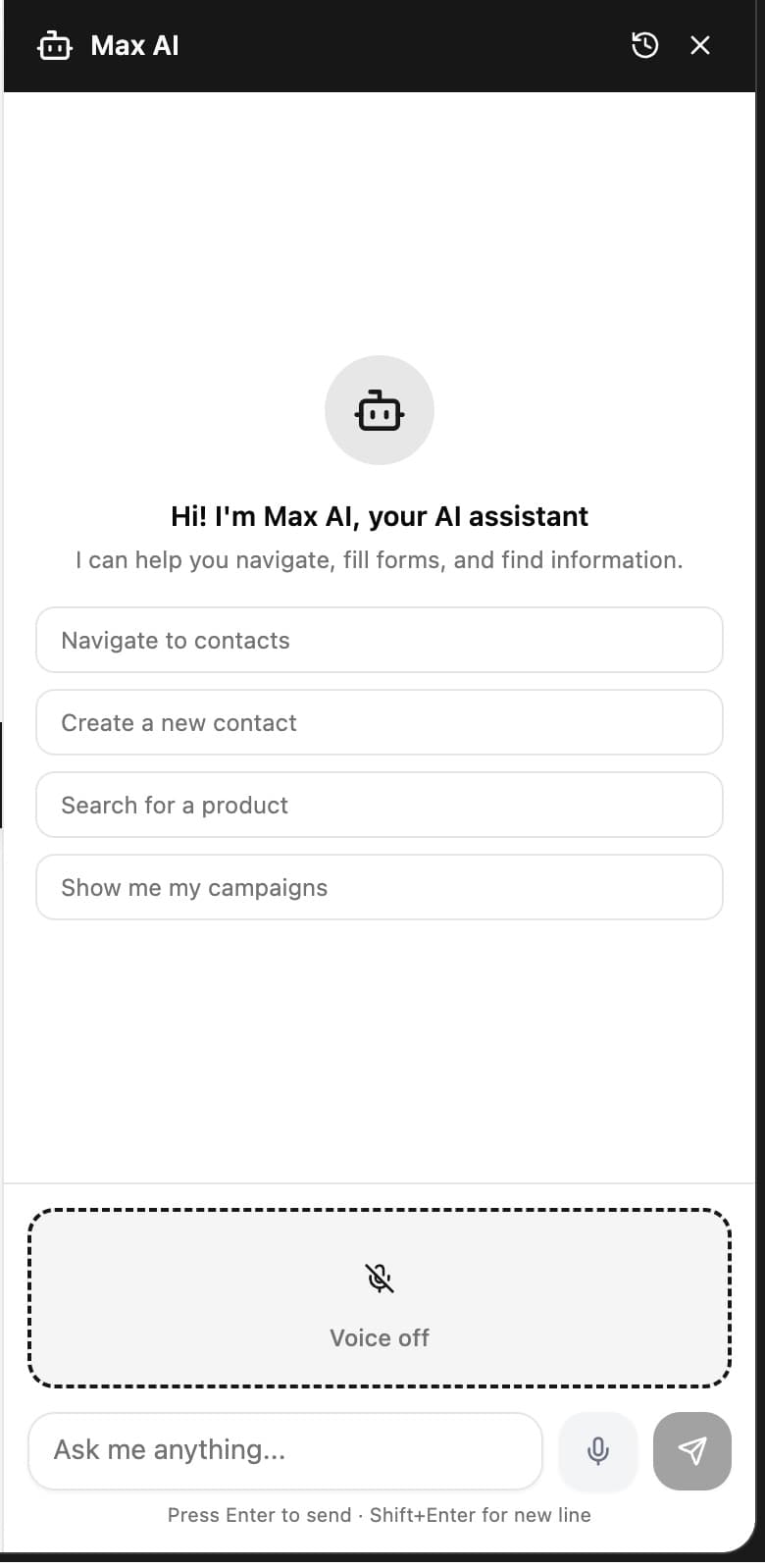The Max AI panel inside the CRM with suggestions to navigate to contacts, create a contact, search for a product or show campaigns, and a voice toggle