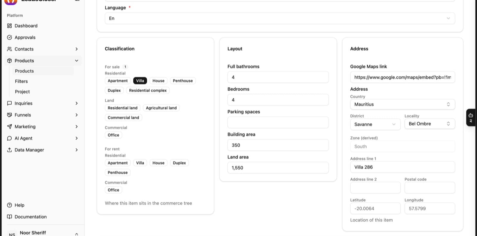 Classification, layout and address on a LeadsCloser product record: residential, land and commercial types for sale and for rent, bedrooms, areas, district and locality