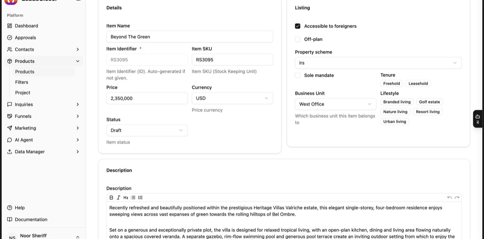 Product details in LeadsCloser: name, reference, price, currency, status, accessible to foreigners, property scheme, tenure, business unit and lifestyle tags