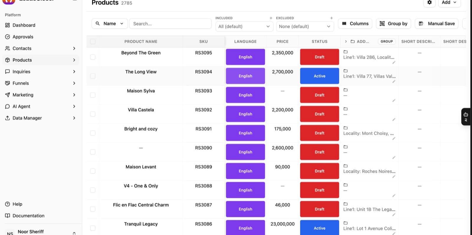 LeadsCloser Products list: 2,785 listings with reference, language, price and Draft or Active status