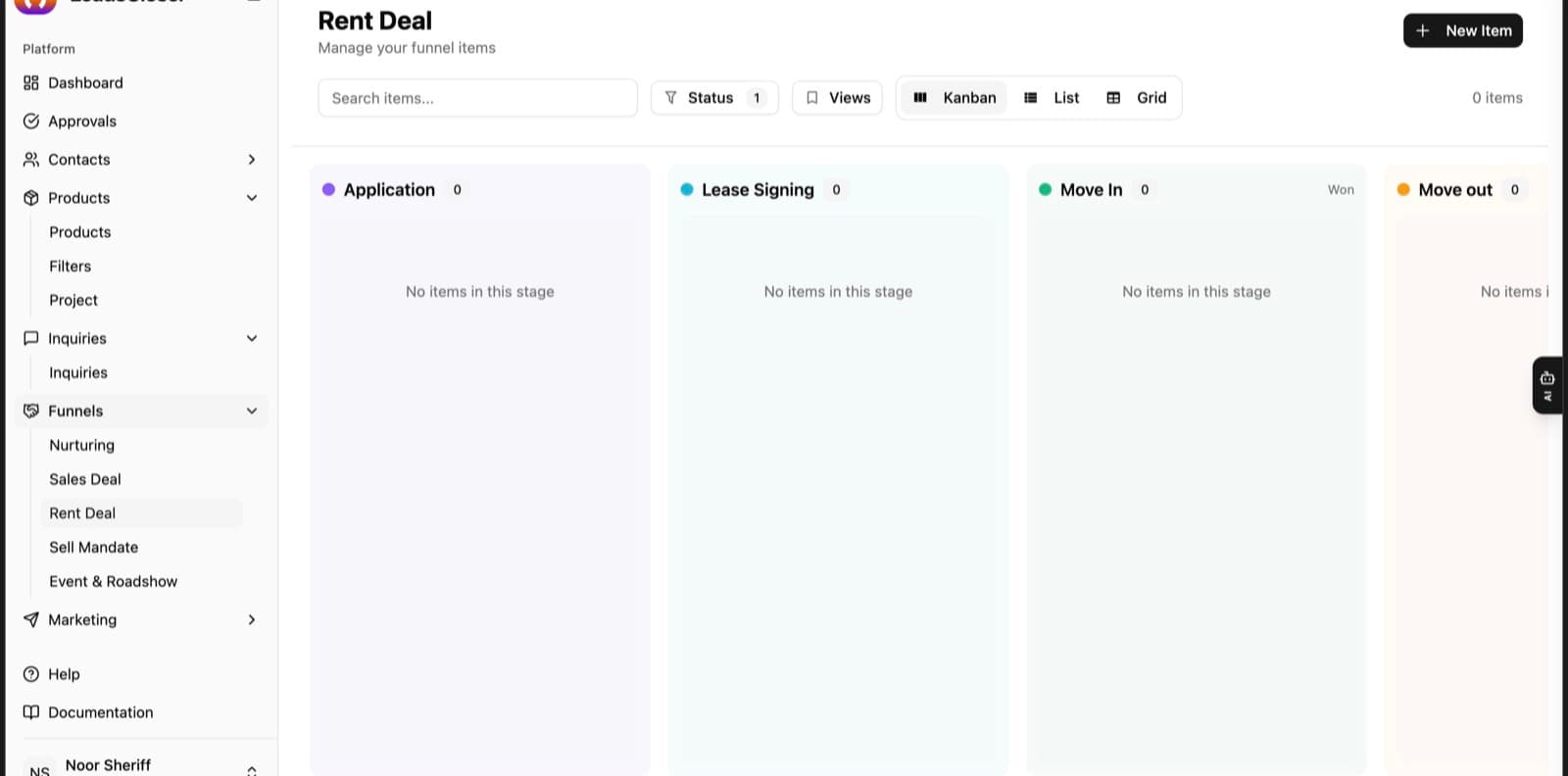 LeadsCloser Rent Deal funnel with Application, Lease Signing, Move In and Move out stages