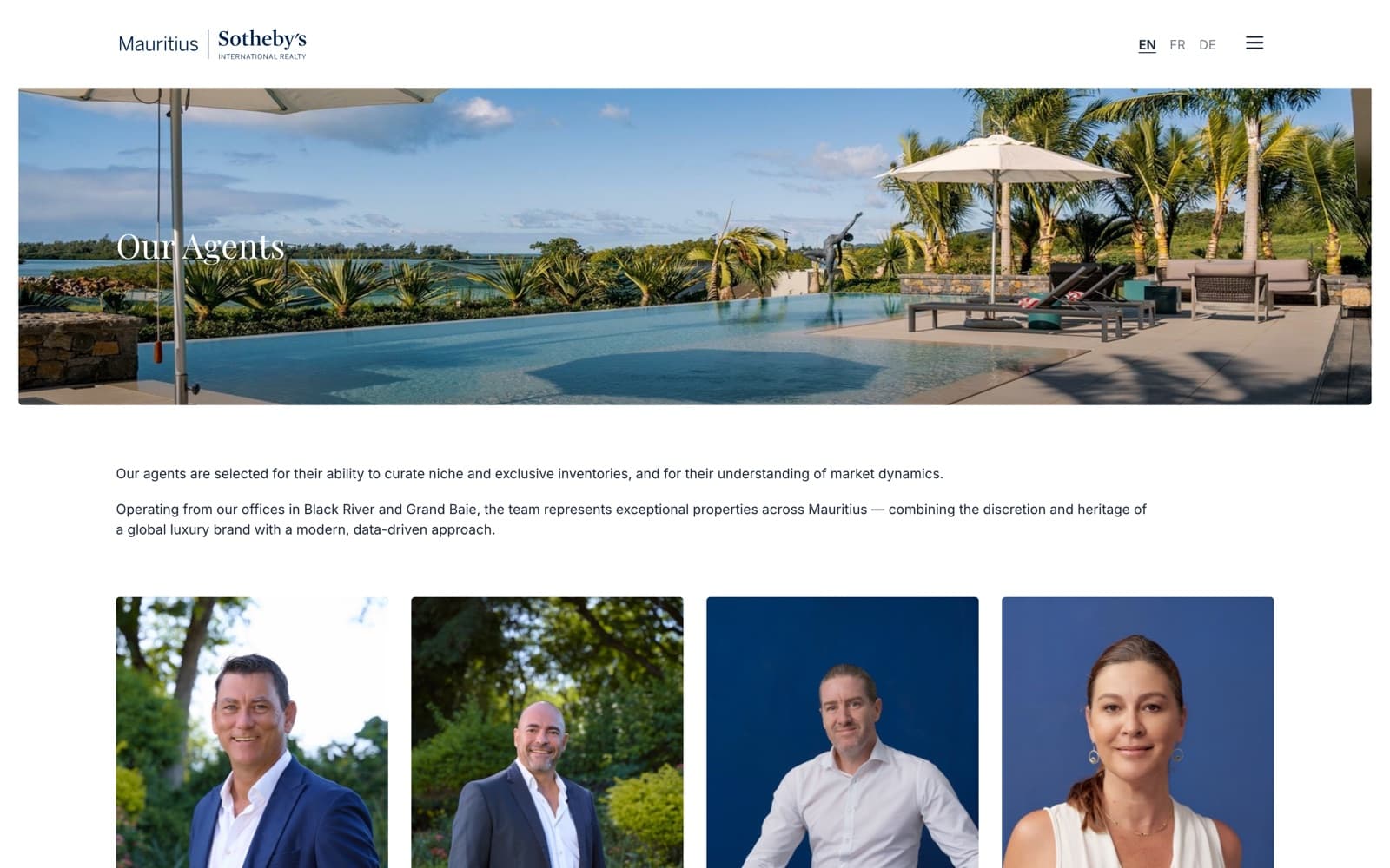sir.mu Our agents page with portraits of the team from the Black River and Grand Baie offices
