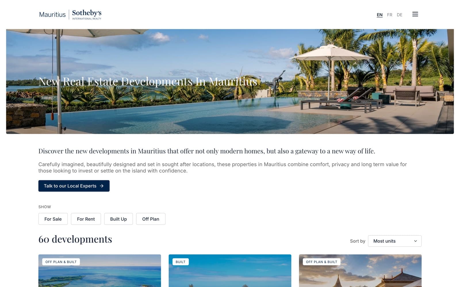 sir.mu new developments page listing 60 developments with For sale, For rent, Built up and Off plan filters