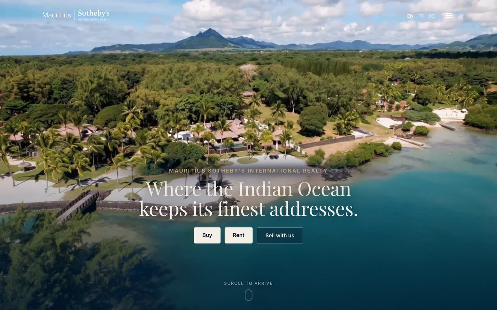 sir.mu homepage: full-bleed aerial photography of the coast with the headline “Where the Indian Ocean keeps its finest addresses” and Buy, Rent and Sell with us buttons