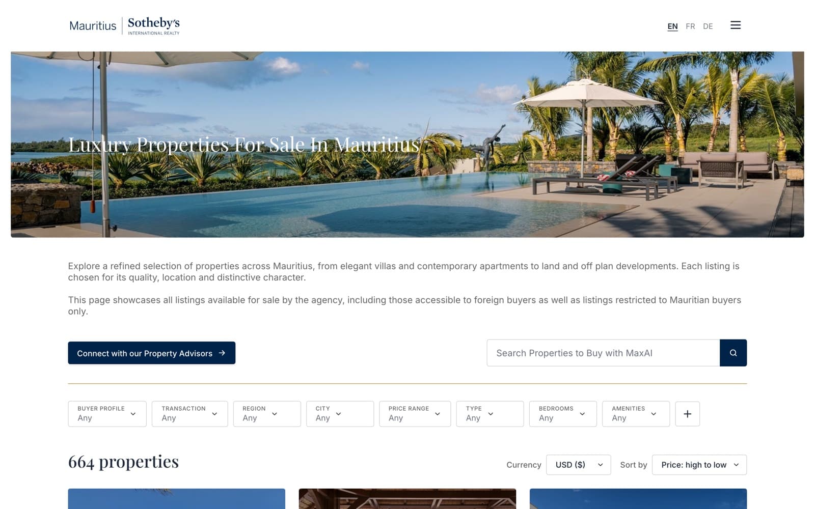 sir.mu listings page with the Max AI search box and a filter bar: buyer profile, transaction, region, city, price range, type, bedrooms and amenities