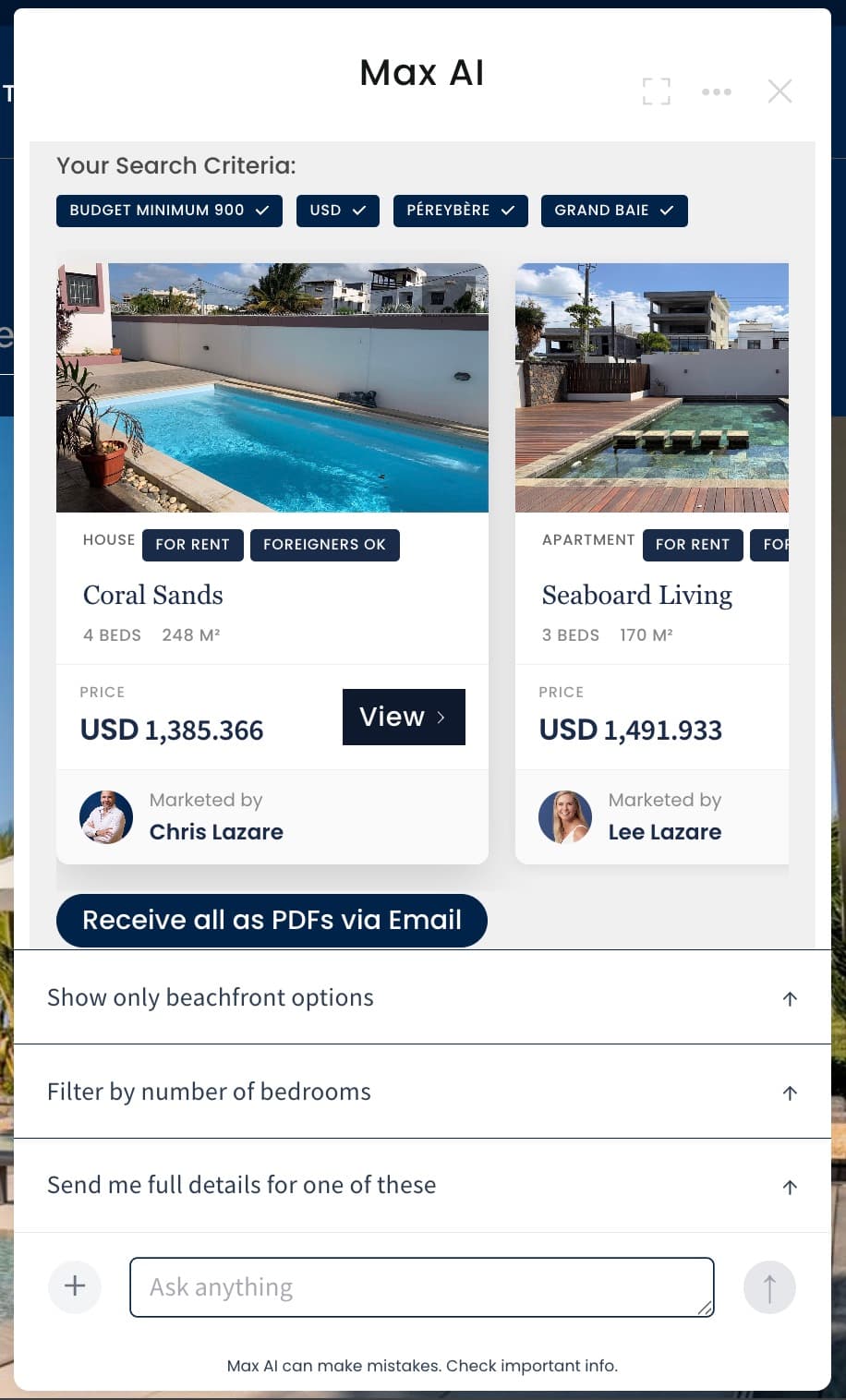 Max AI on sir.mu showing search criteria chips and two listing cards inside the chat, with a Receive all as PDFs via email button